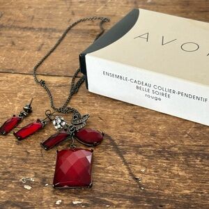 Avon Y2K Gothic Ruby Red Statement Drop Necklace Earring Set Black Chain 26” NIB